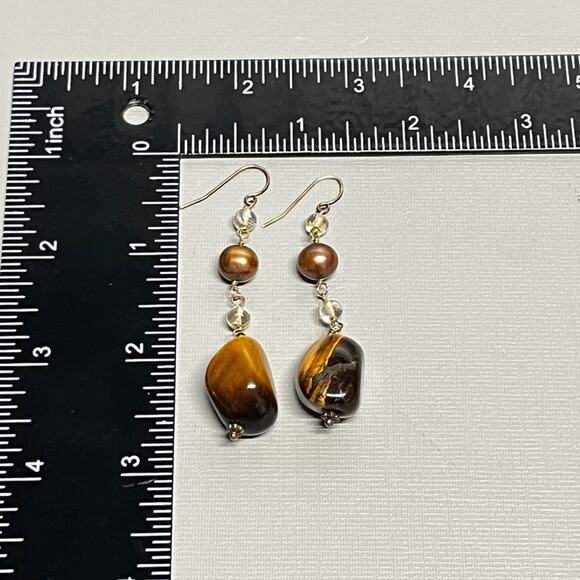 Tiger’s Eye & Pearl Dangle Earrings Boho Natural Gemstone Drop Pierced - Picture 4 of 4
